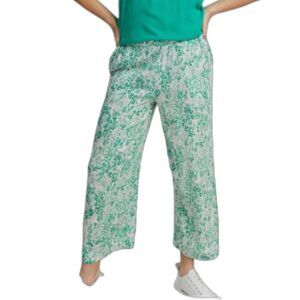 ICHI Pull On Cropped Ankle Pants Green White Floral Print Pockets Size XS